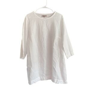 FLAX White 100% Linen Size M Oversized 3/4 Sleeve Lagenlook Tunic Pocket Shirt